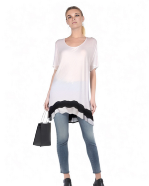 True Light White Tunic Blouse with Black Asymmetrical Trim